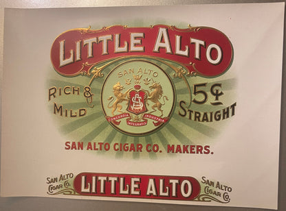 Antique gold-embossed cigar label for Little Alto by San Alto Cigar Co., featuring red banner, heraldic crest, and 5¢ price m