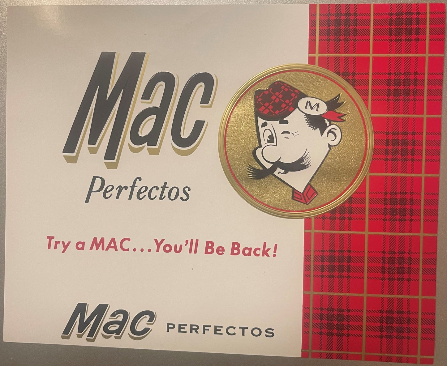 Vintage Mac Perfectos cigar box label featuring Scottish man in red tartan tam o'shanter cap in circular gold medallion, red 