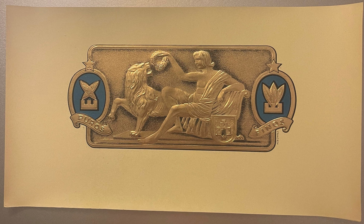 Gold embossed cigar label on cream cardstock featuring classical figures, lion, and blue shield emblems marked "Puros" and "F