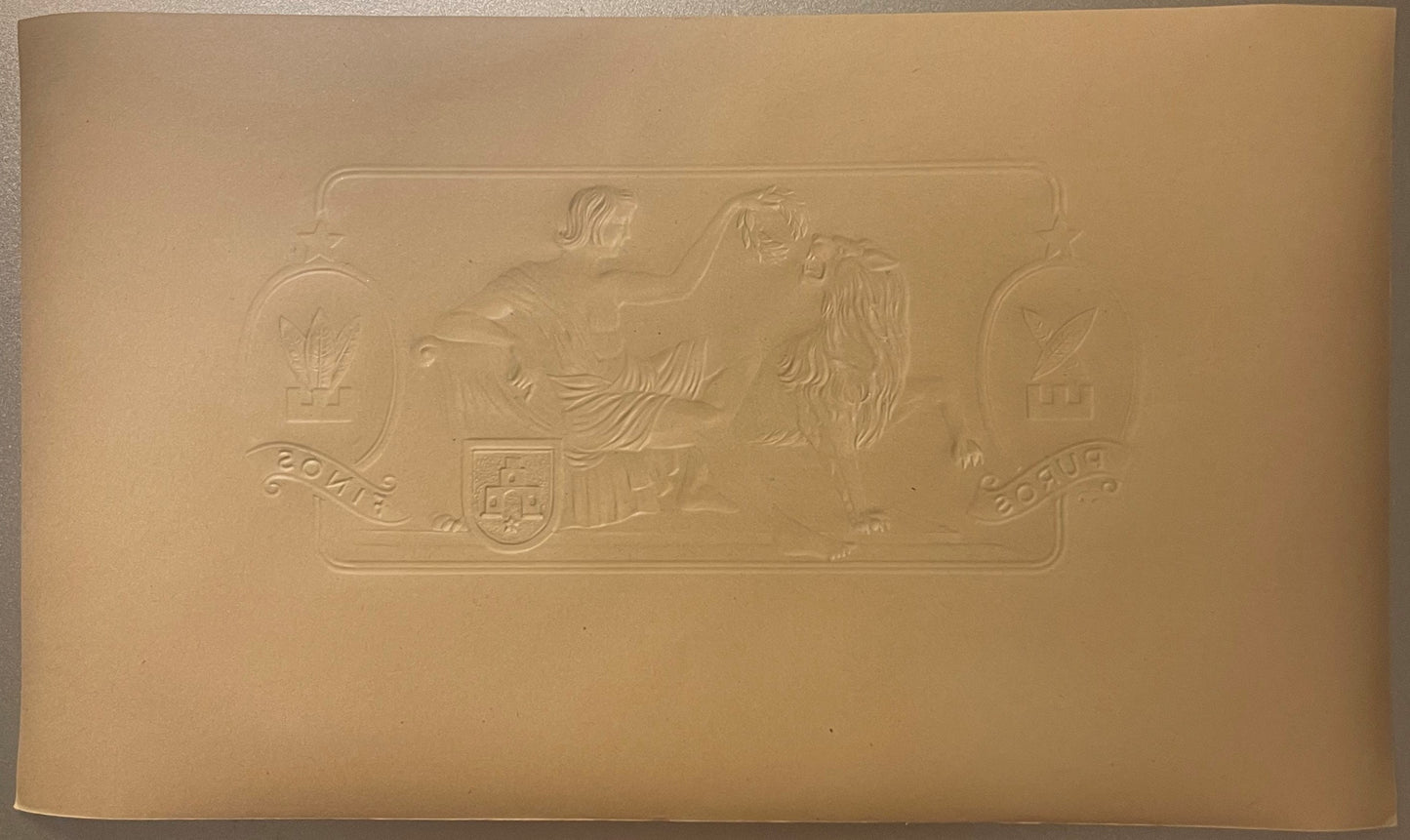 Gold embossed cigar label showing two figures with a lion, heraldic shields, and "2041" and "8209" numerals on tan cardstock