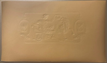 Gold embossed cigar label showing two figures with a lion, heraldic shields, and "2041" and "8209" numerals on tan cardstock