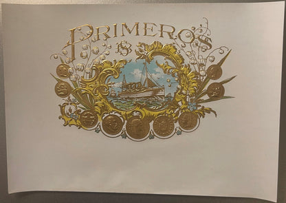 Ornate embossed gold cigar label with "Primer" text, decorative scrollwork, steamship vignette, and coin medallions on cream 