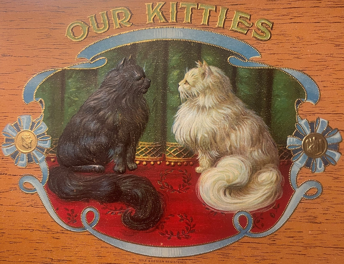 Gold-embossed chromolithograph cigar box label featuring two long-haired cats on red and green background with "OUR KITTIES" 