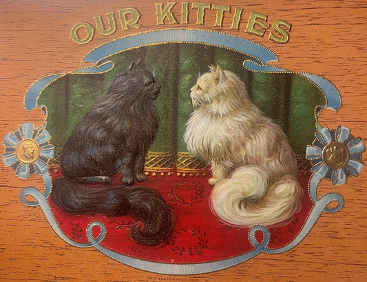 Antique "Our Kitties" Cigar Box Label 🐾 Gold Embossed Chromolithograph Cats, Early 1900s