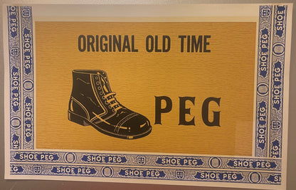 Antique lithograph cigar box label with wood grain background, decorative blue borders, illustration of laced boot