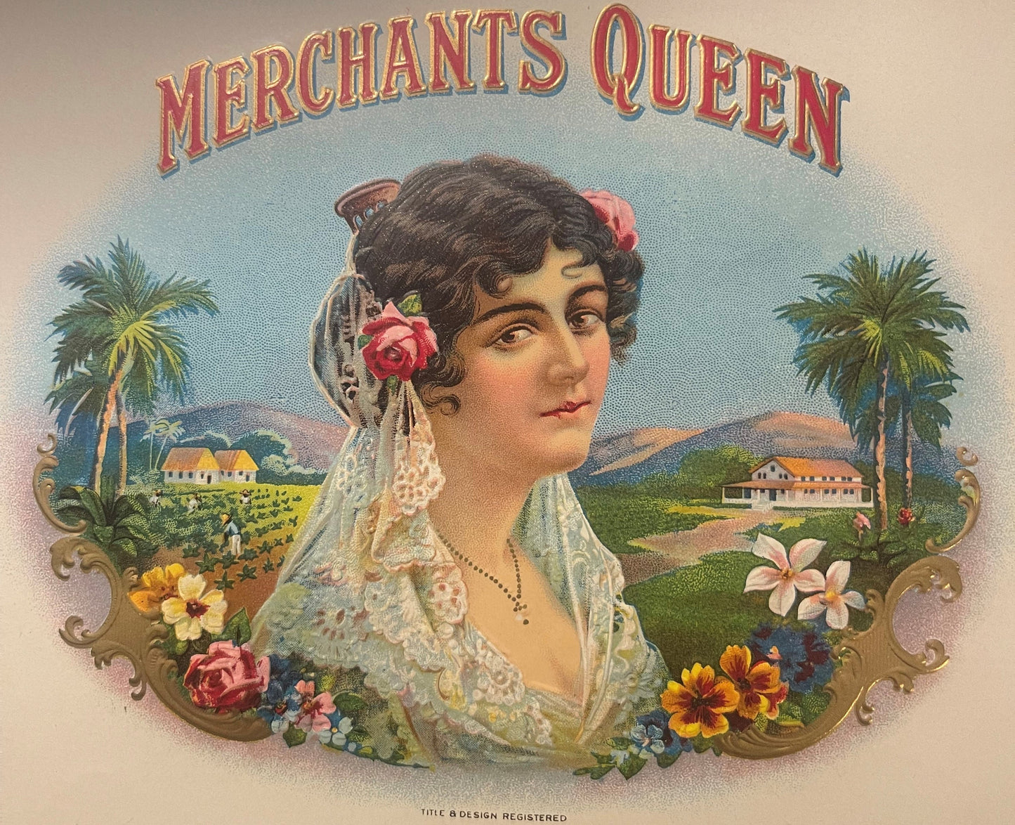 Vintage embossed cigar label featuring "Merchants Queen" text with portrait of woman in lace veil with flowers, tropical land