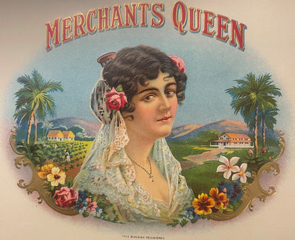 Vintage embossed cigar label featuring "Merchants Queen" text with portrait of woman in lace veil with flowers, tropical land