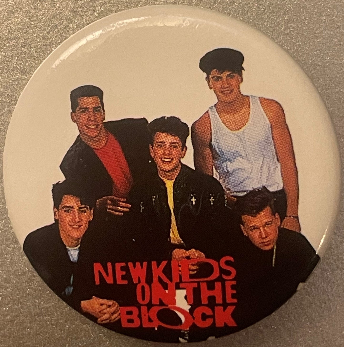 Vintage New Kids on the Block Pinback Button 📌 NKOTB Boy Band Group Photo Pin, Button-Up Troy MI, 1980s Pop Music Fan Collectible