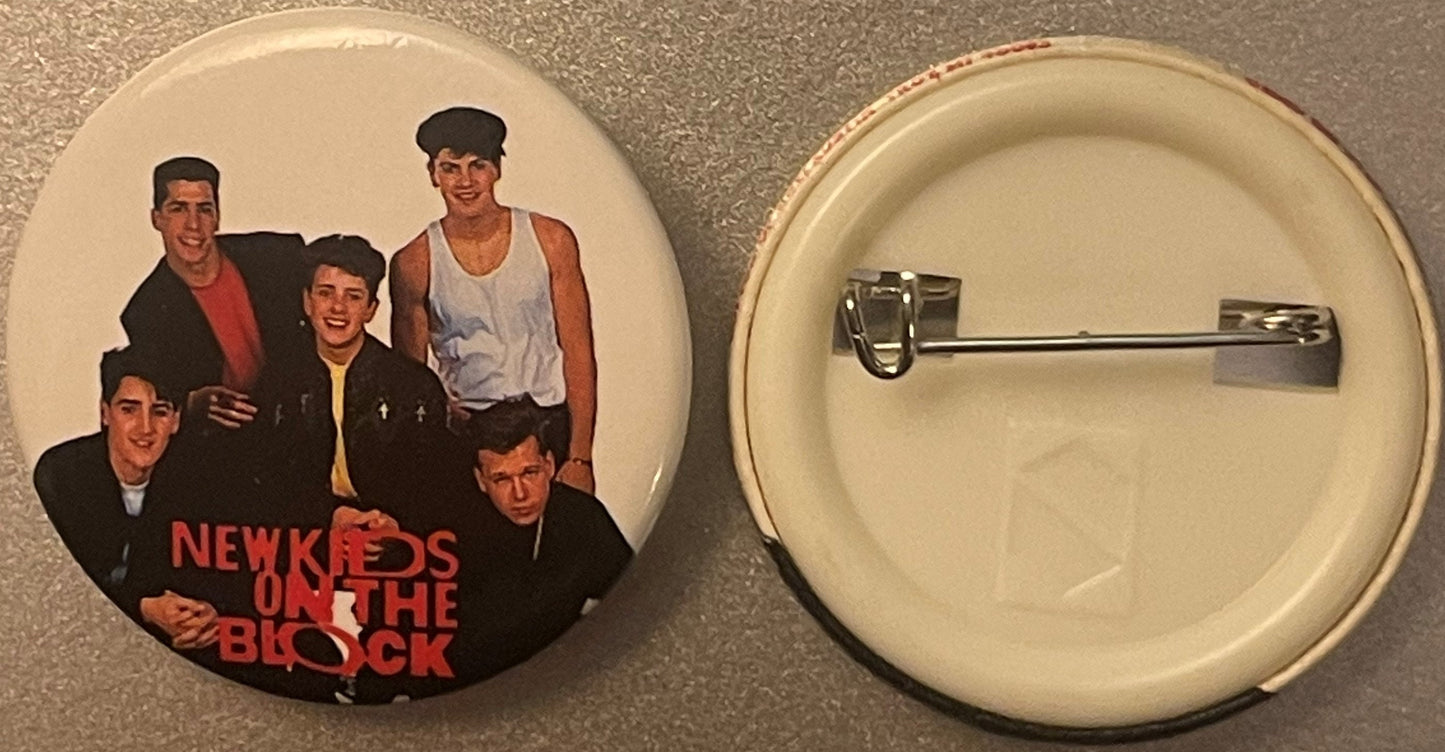 Vintage New Kids on the Block Pinback Button 📌 NKOTB Boy Band Group Photo Pin, Button-Up Troy MI, 1980s Pop Music Fan Collectible