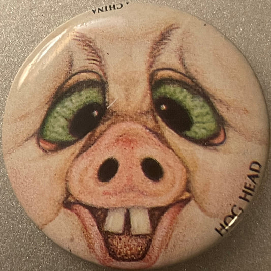 Vintage 1980s Hog Head Gross-Out Monster Pin 📌 Buck-Toothed Pig Face Pinback Button, Weird Retro Collectible