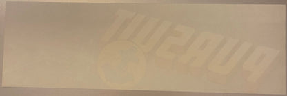 Faded vintage crate label with embossed or debossed text reading "Pursuit" and partial imagery, cream-colored paper on neutra