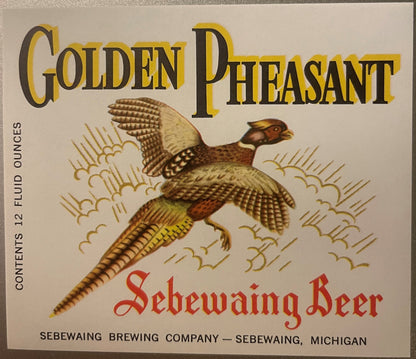 Vintage Golden Pheasant Sebewaing Beer label featuring an illustrated flying pheasant in brown and gold tones on cream backgr