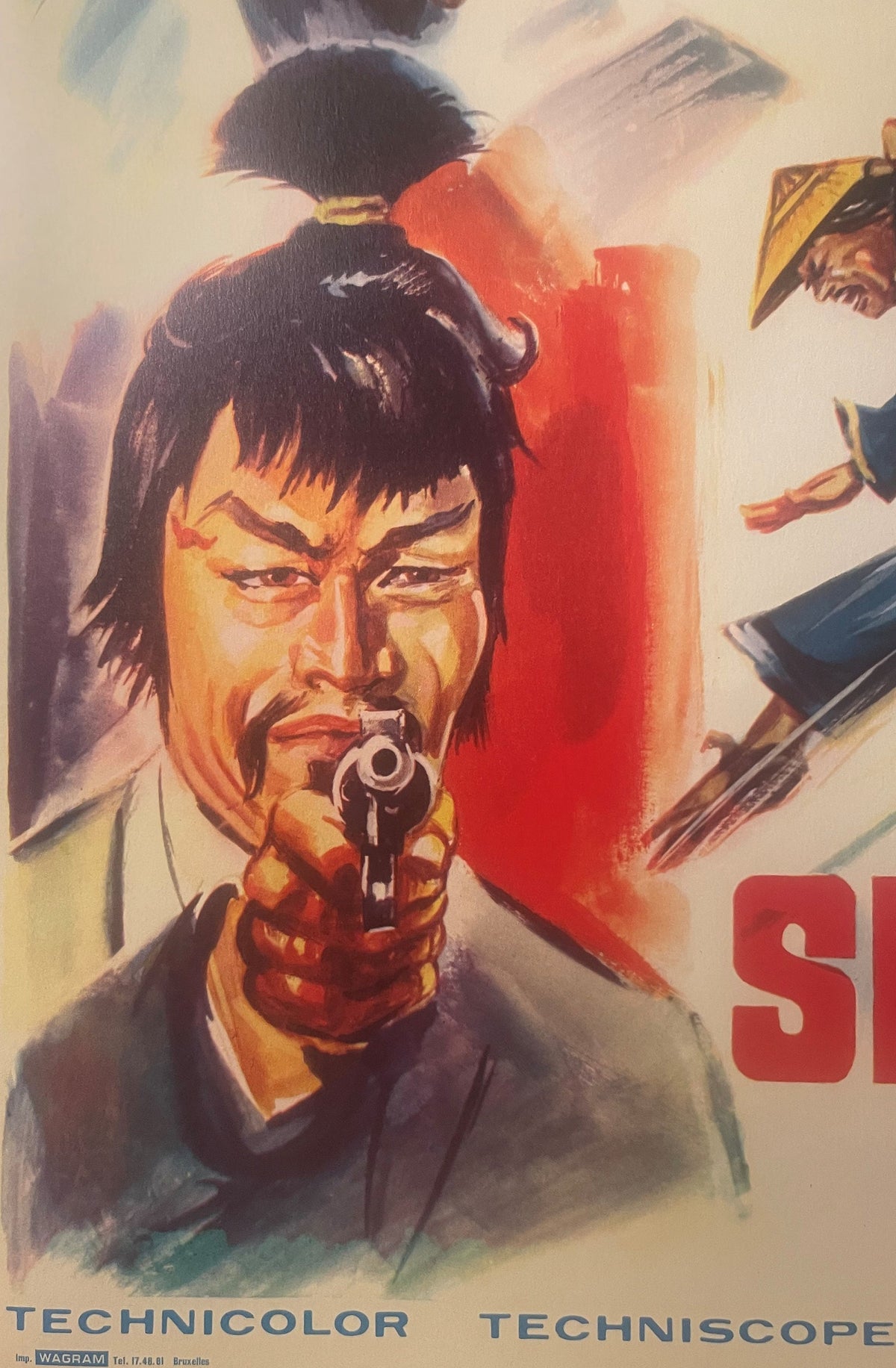 Vintage movie poster featuring Asian man with dark hair aiming revolver, warm color palette with red background, "TECHNICOLOR