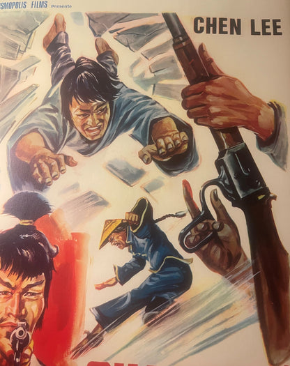 Vintage movie poster featuring Chen Lee in action poses with weapons, colorful illustrated artwork in blues, reds, and earth 
