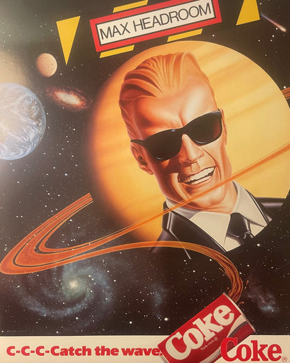 Vintage Max Headroom Coca-Cola poster featuring a bald man in sunglasses and tuxedo against a space background with planets a