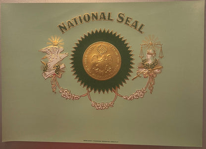 Embossed antique cigar label with "National Seal" text, gold coin center, and allegorical figures flanking scales of justice 