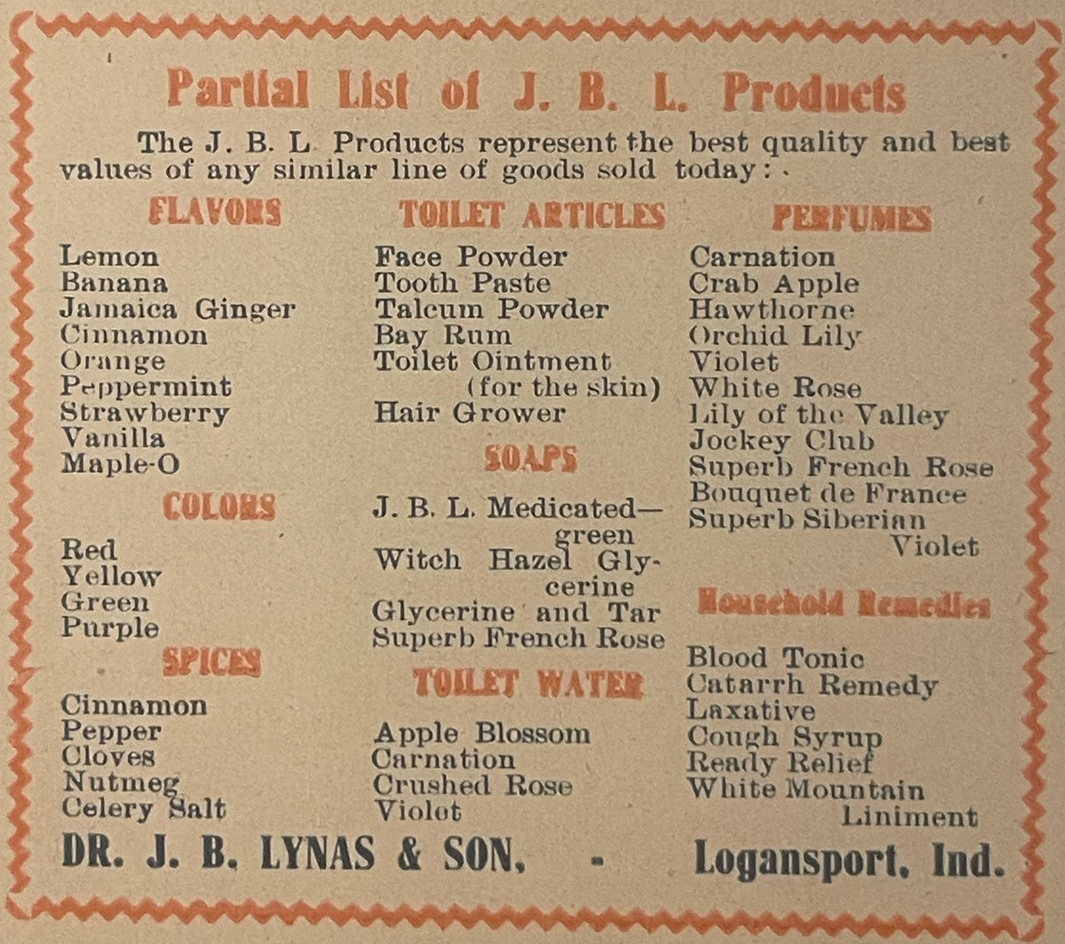 Vintage J.B.L. Products catalog page listing flavors, colors, spices, toilet articles, soaps, perfumes, and household remedie