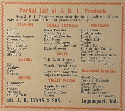 Vintage J.B.L. Products catalog page listing flavors, colors, spices, toilet articles, soaps, perfumes, and household remedie