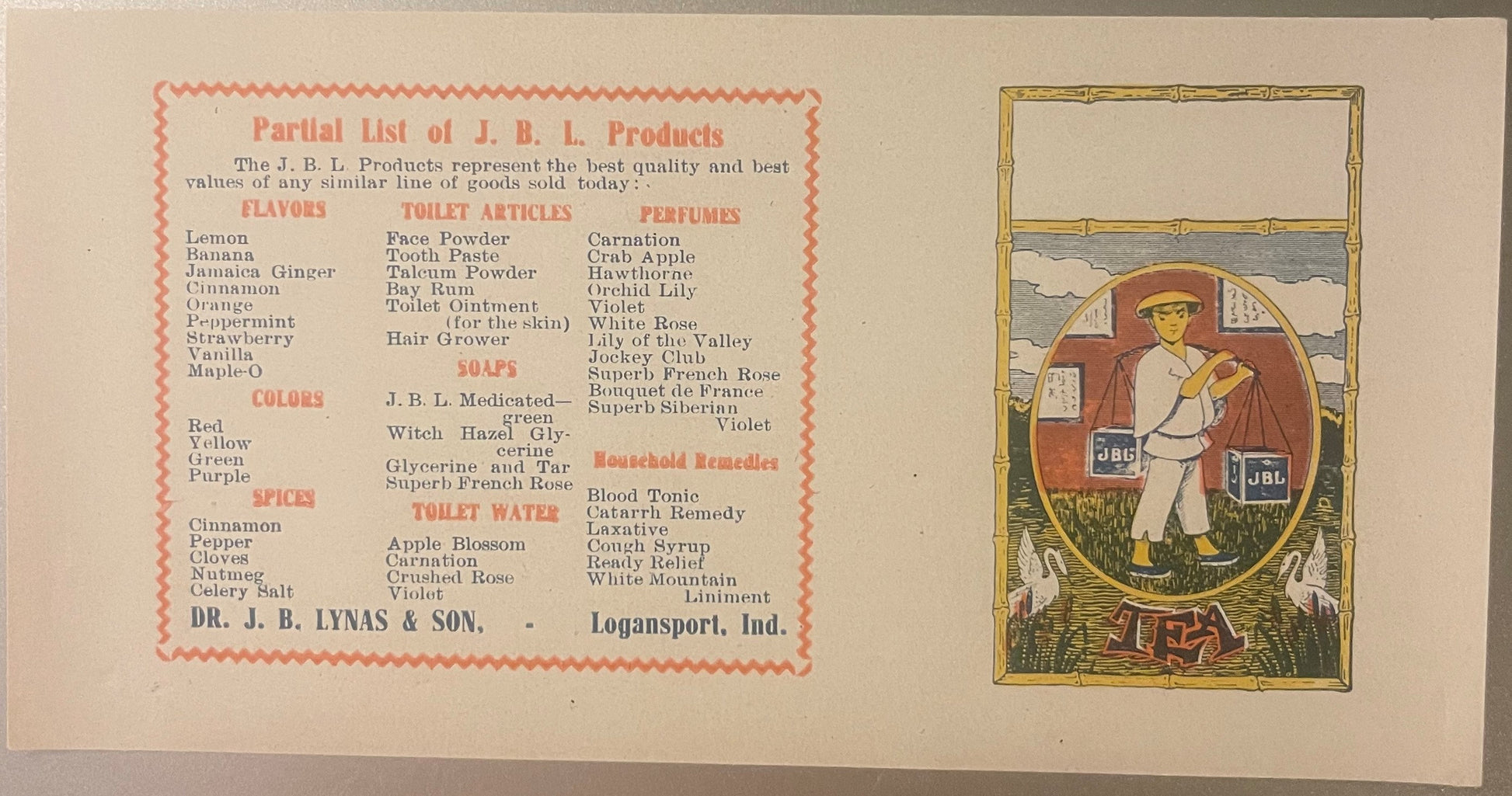 Vintage J.B.L. Products advertisement from Logansport, Indiana showing partial product list and illustrated label with woman 