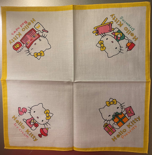 Vintage 1980s Hello Kitty Cotton Napkin Handkerchief 🎀 Yellow - Sanrio Japan NOS
