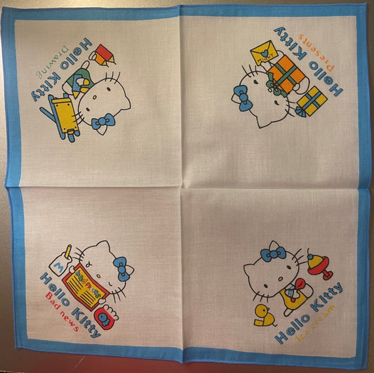Vintage 1980s Hello Kitty Cotton Napkin Handkerchief 🎀 Blue - Sanrio Japan NOS