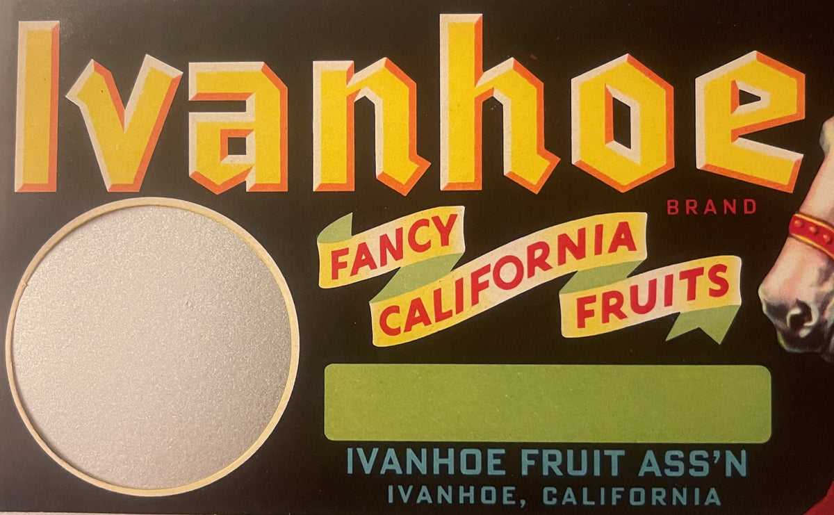 Vintage Ivanhoe Brand fruit crate label with bold yellow 3D lettering, green ribbon banners, and circular empty space on dark
