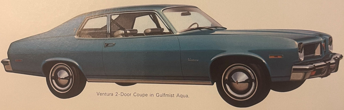 Vintage illustration of a Pontiac Ventura 2-Door Coupe in Gulfmist Aqua, shown in profile against a beige background