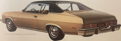 1974 Pontiac Ventura Custom Hatchback Coupe in Carmel Beige, side profile illustration with black vinyl top and brown