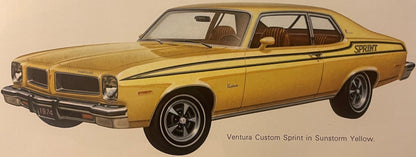1974 Pontiac Ventura Custom Sprint in Sunstorm Yellow, side profile illustration with brown interior visible through windows
