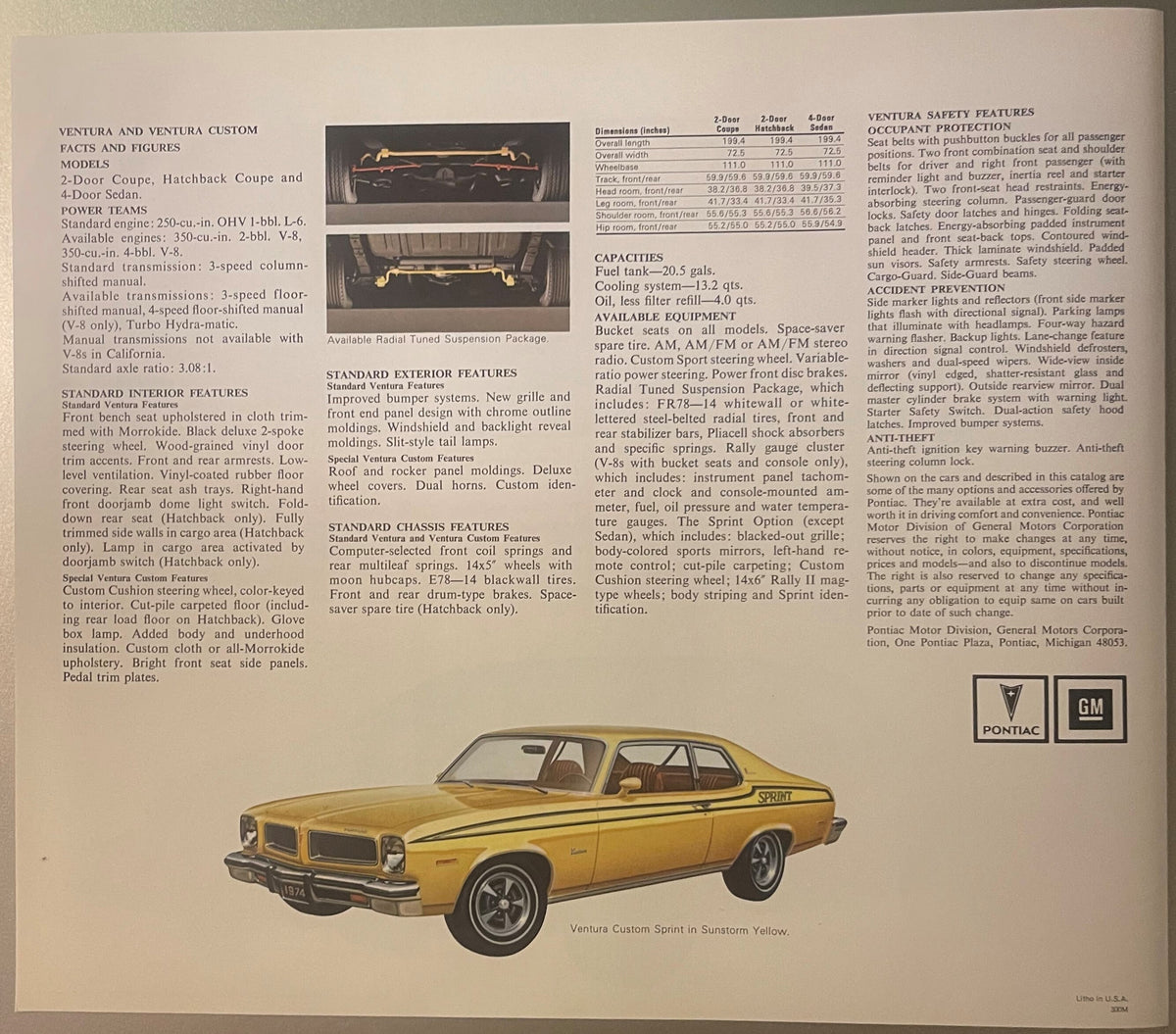 1974 Pontiac Ventura dealer brochure page showing gold Sprint coupe, specifications table, and features text with Pontiac