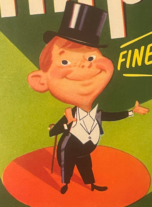 Vintage Impresario Brand Crate Label 🍎 Oxnard California, H&M Farms Produce, Top-Hat Showman Cartoon Art
