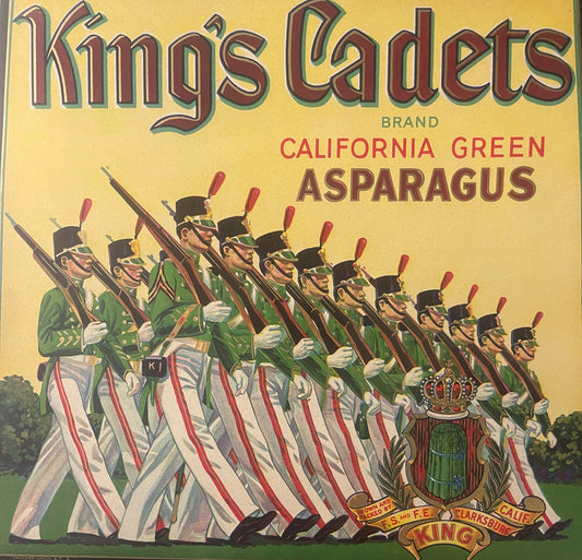 Antique 1930s King's Cadets Asparagus Crate Label 🎖️ — Clarksburg California, Marching Cadet Soldiers