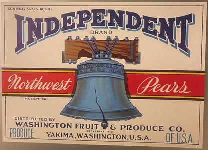 Vintage 1931 pear crate label featuring Liberty Bell design, red banners, "Independent Brand Northwest Pears" text, Yakima Wa