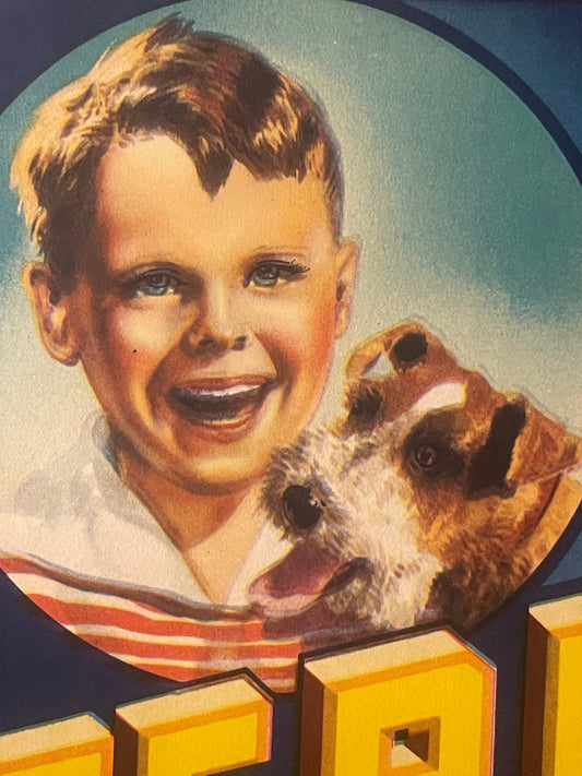 Vintage Jerry Brand Crate Label 🐕 — 1940s-50s T.O. Tomasello Co. Watsonville California Produce, Boy & Fox Terrier Dog