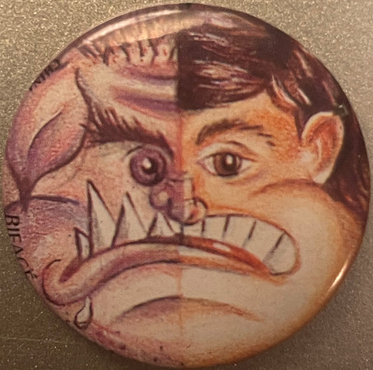 Vintage 1980s Biface Gross-Out Pin 📌 Half Monster Half Boy Two-Faced Character, Pin-Back Button in the 80s Gross-Out Spirit