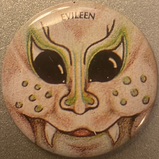 Vintage 1980s Evileen Gross-Out Monster Pin 📌 Fanged Green Cat Face Pinback Button, Weird Retro Collectible