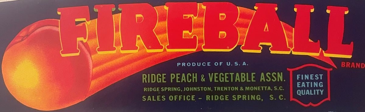 Vintage Fireball crate label showcasing peaches from Ridge Peach & Vegetable Association