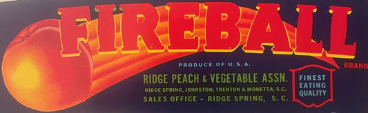 Vintage Fireball crate label showcasing peaches from Ridge Peach & Vegetable Association