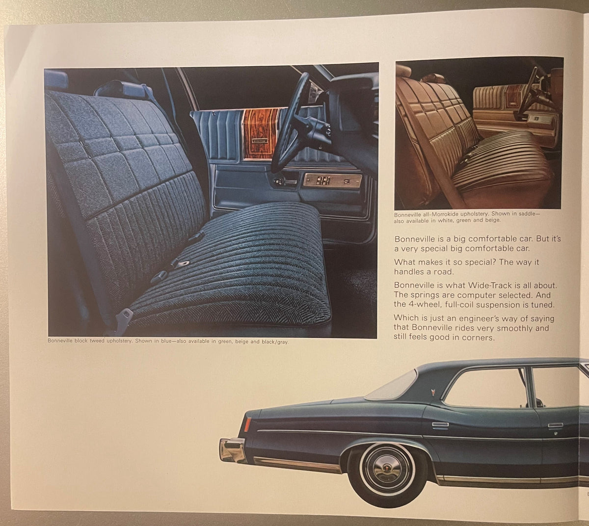 1974 Pontiac Bonneville dealer brochure page showing blue block tweed upholstery details, saddle Morrokide upholstery option, and side profile of dark sedan with descriptive text about Wide-Track suspension and smooth ride quality.