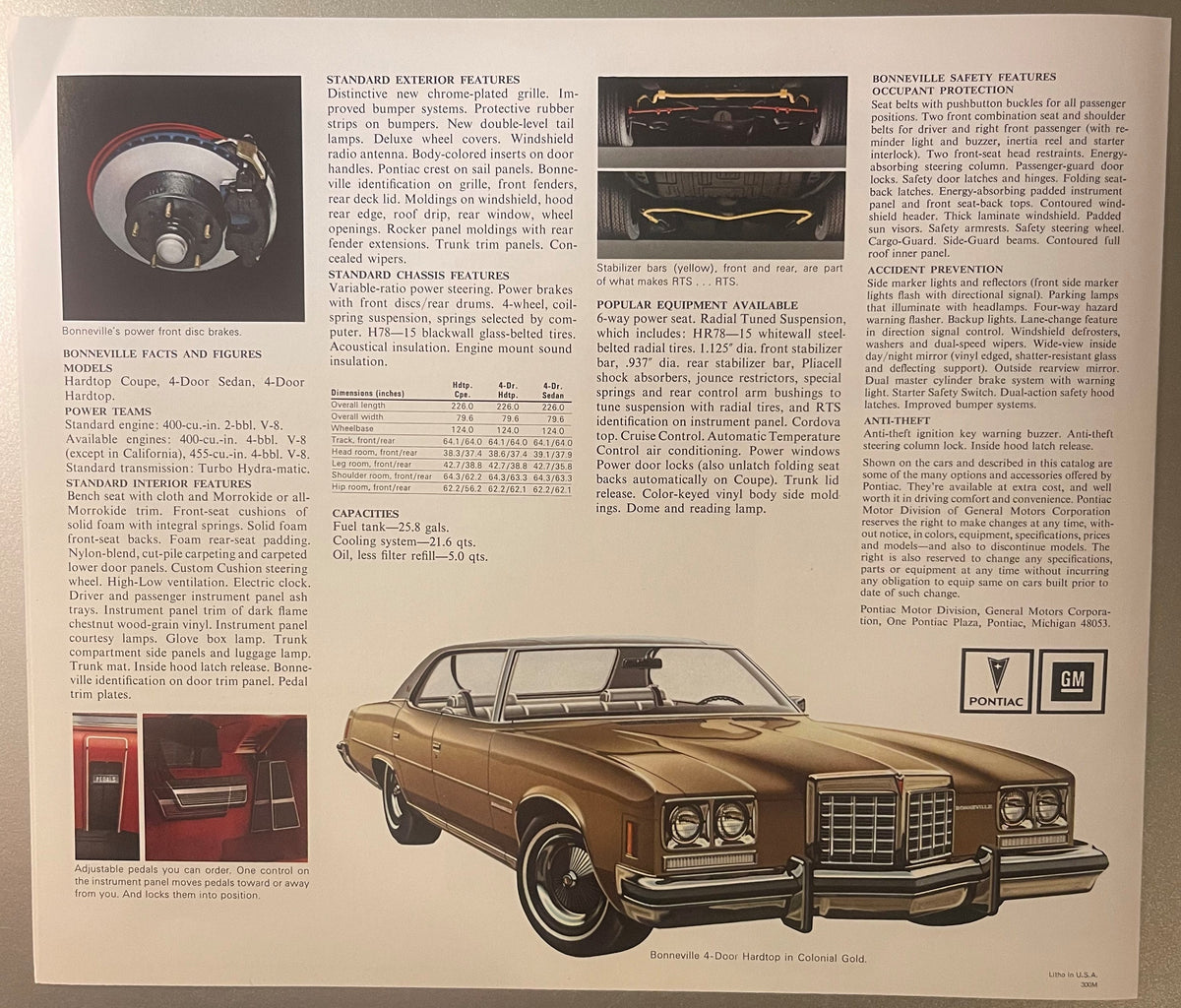 Vintage 1974 Pontiac Bonneville dealer brochure page displaying tan hardtop sedan with detailed specifications, safety features, and interior/exterior options text alongside color photograph of the vehicle.