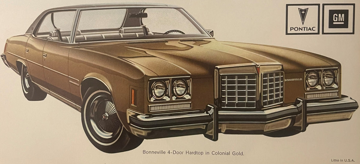 Vintage 1974 Pontiac Bonneville 4-door hardtop dealer brochure illustration in Colonial Gold, showing front three-quarter view with dual headlights and distinctive grille, printed by Litho in U.S.A.