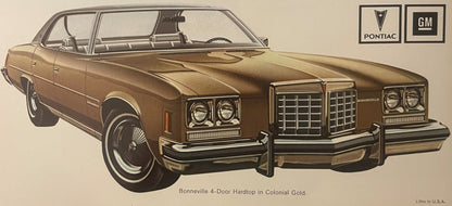 Vintage 1974 Pontiac Bonneville 4-door hardtop dealer brochure illustration in Colonial Gold, showing front three-quarter view with dual headlights and distinctive grille, printed by Litho in U.S.A.