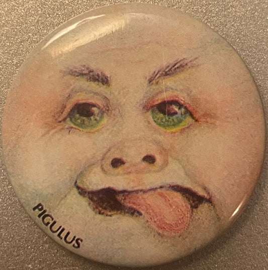 Vintage 1980s Pigulus Gross-Out Monster Pin 📌 Pig-Nosed Baby Face Pinback Button, Weird Retro Collectible