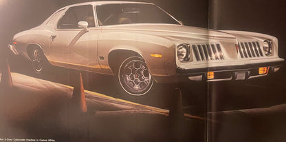 1970s Pontiac Grand Am 2-door hardtop in Cameo White with distinctive vertical grille, shown in dealer brochure illustration 