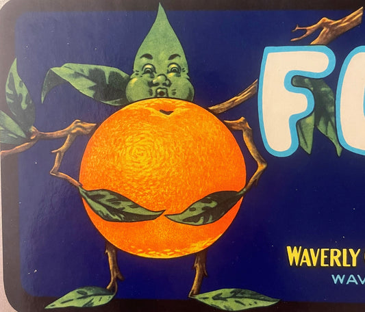 Vintage Full Brand Orange Crate Label 🍊 1940s Waverly Florida Citrus, Comic Orange-Man, Waverly Growers Co-op