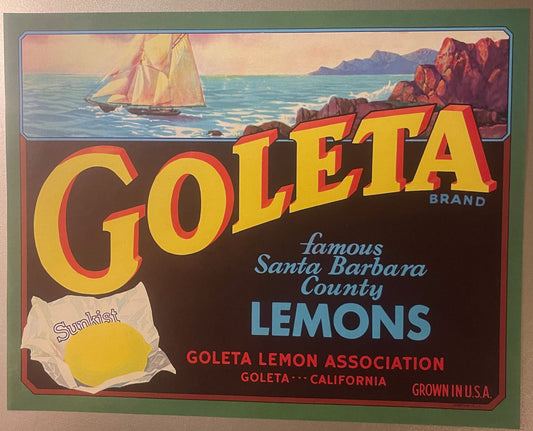 Vintage Goleta Brand Lemon Crate Label Santa Barbara California Sunkist Citrus Nautical Sailboat Ship Art Chromolithograph 🍎