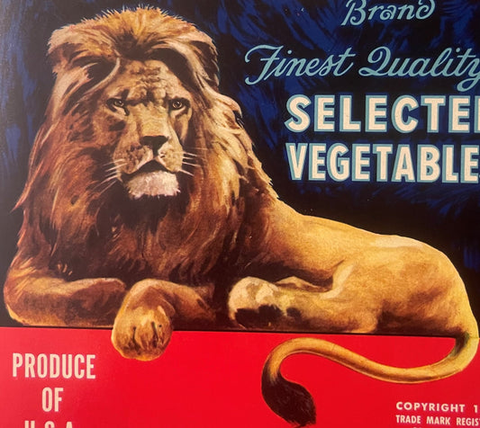 Antique Lion Brand Vegetable Crate Label 🍎 Watsonville California, 1920s M.L. Kalich & Co. Selected Vegetables Chromolith