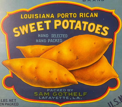 Vintage sweet potato crate label with three golden-orange yams on navy background, yellow and red decorative border, text rea