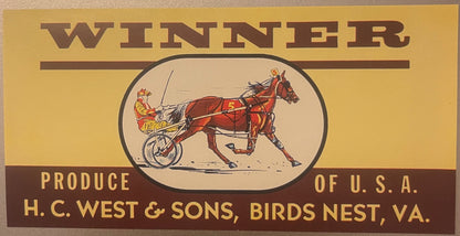 Vintage "Winner" crate label featuring a harness racing horse and driver in a sulky, produced by H.C. West & Sons, Birds