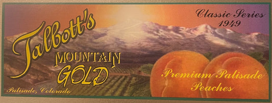 Vintage fruit crate label for Talbotts Mountain Gold peaches featuring mountain landscape and orange peaches.